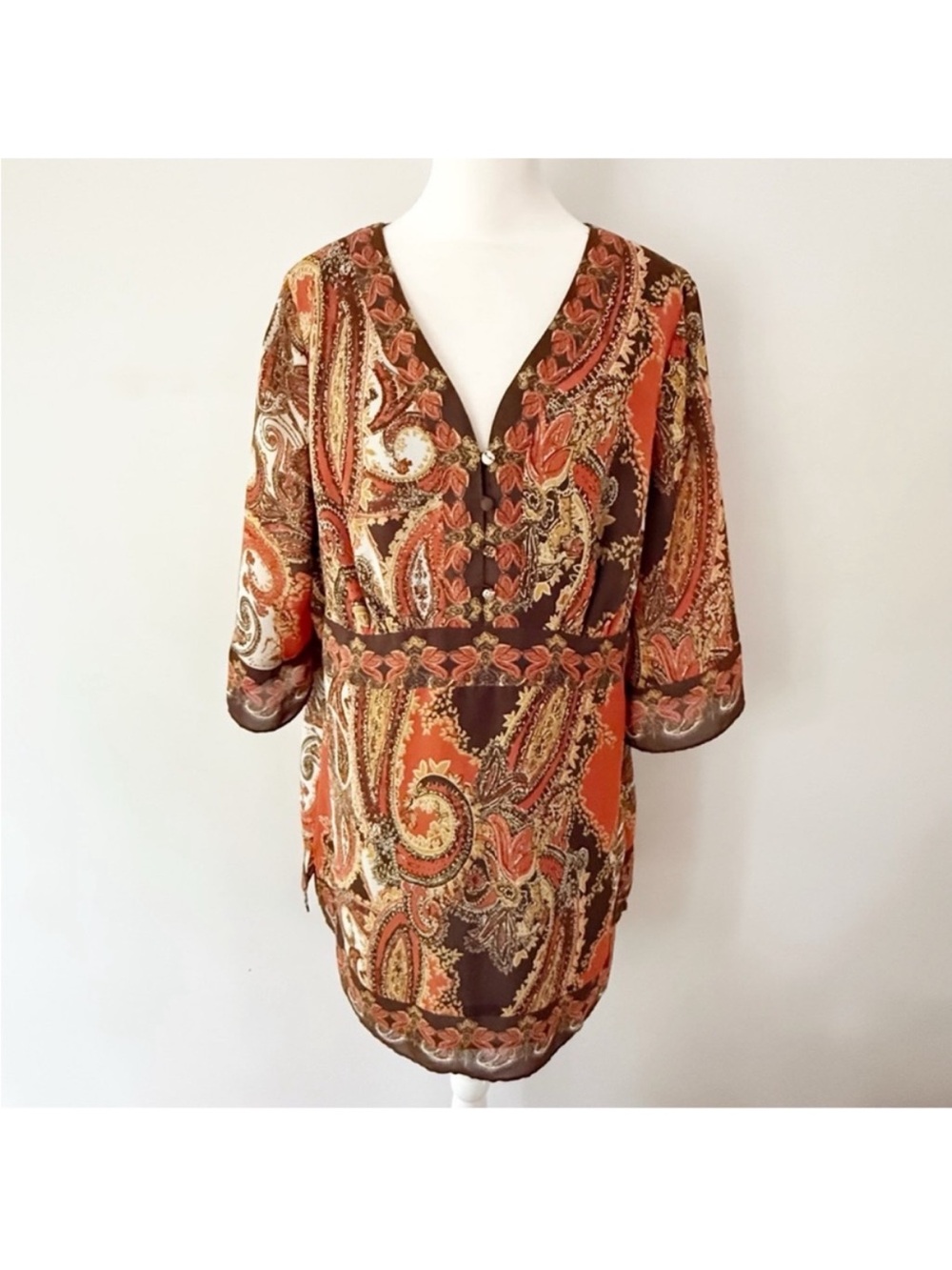 Vintage 90s Y2K Paisley Boho Sheer Tunic Top Womens 16W Retro Festival Woodland